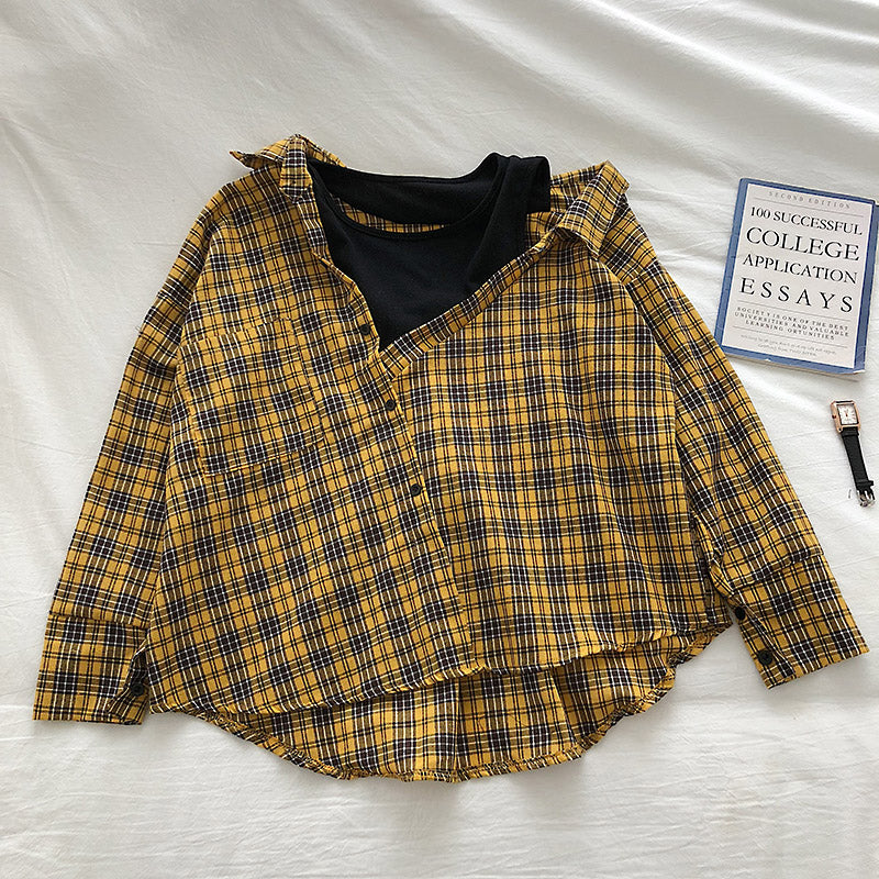 Stitching Fake Two Piece Plaid Shirt