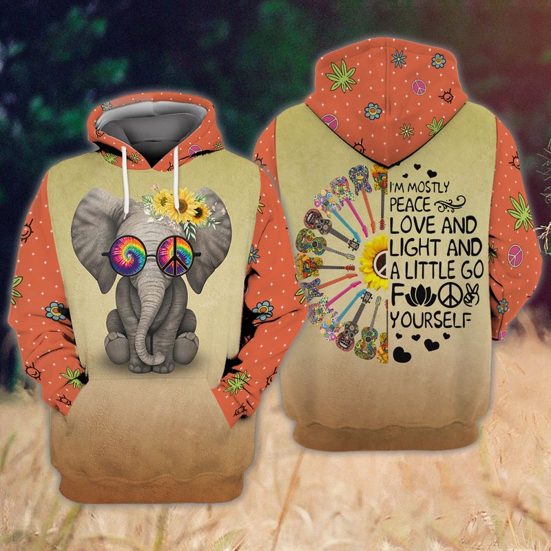 Hippie Elephant Peace And Love 3D Full Print Hoodie