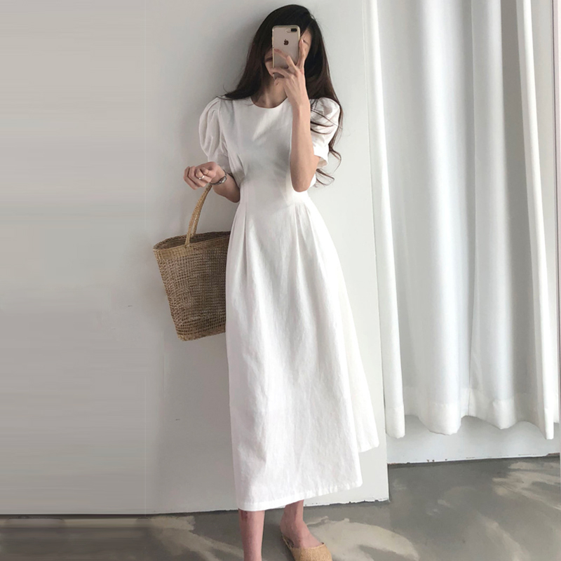 Vintage Korean Chic Woman Slim Lace Up Waist Solid Puff Sleeve A Line Cotton Linen Dresses for Women Vestido De Mujer White 2022 alx