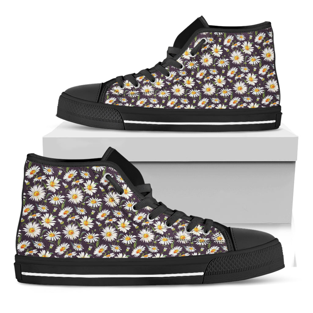 Watercolor White Daisy Pattern Print Black High Top Shoes