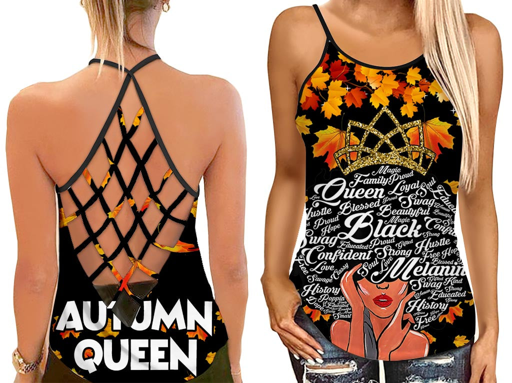 Confident Autumn Black Queen Tank Top Thanksgiving Day Shirt Women – Autumn Cross Open Back Camisole Tank