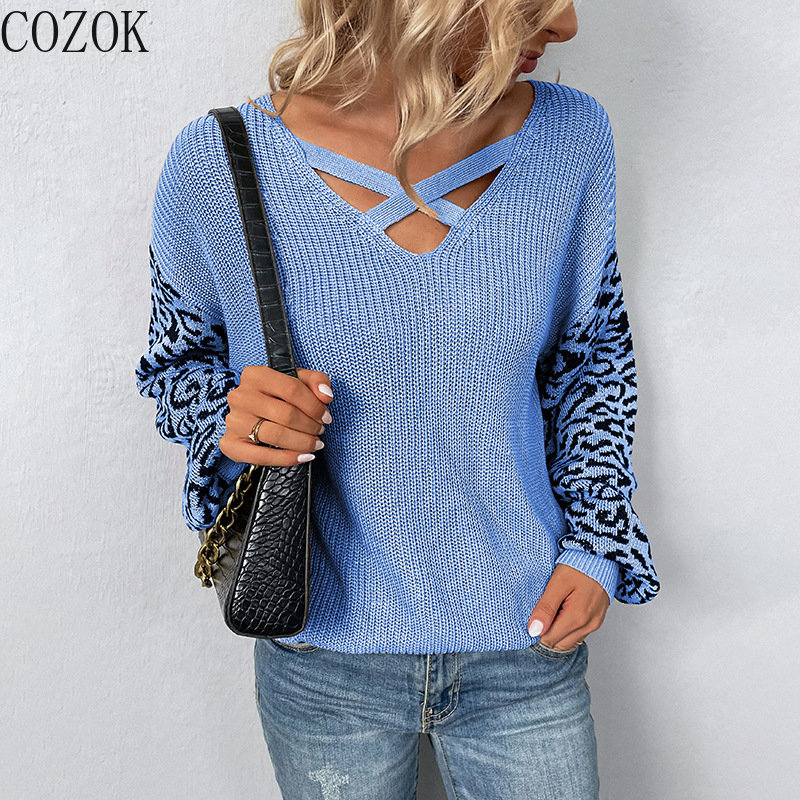 Contrast Color Leopard Print Sweater 2022 Autumn and Winter New Lace-up Lantern Sleeve European and American Sweater for Women alx