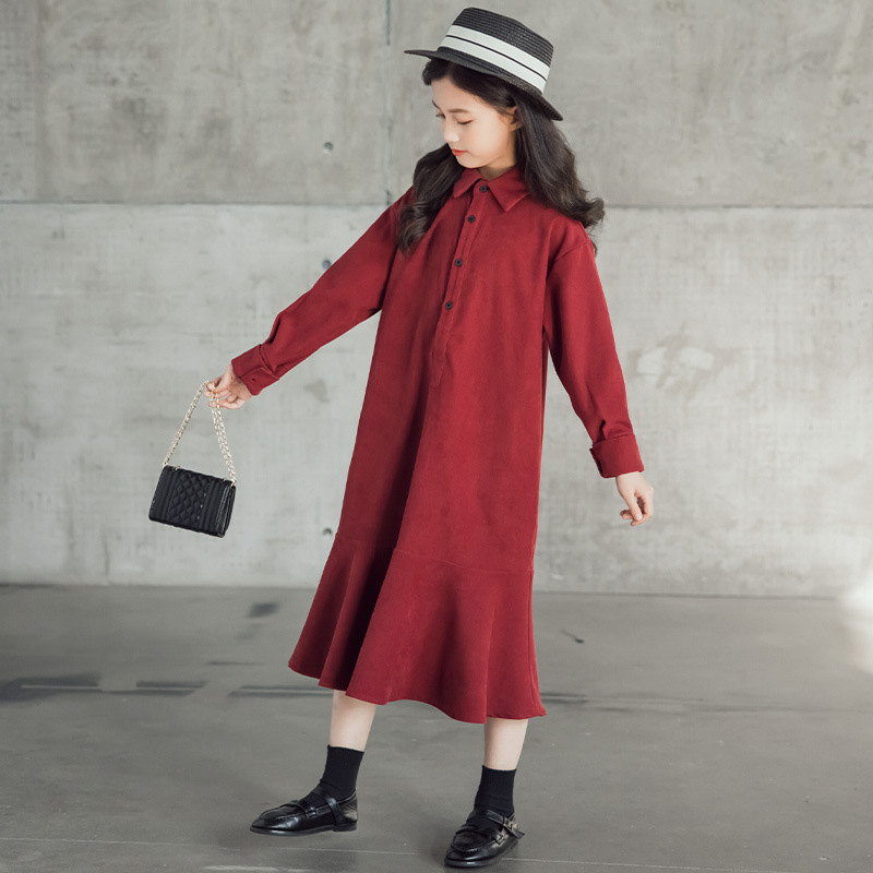 Solid Autumn Dress for Girls 2022 Fashion Ruffles Shirt Dresses Kids Clothing Midi Length Girls Boutique Outfits Black Red alx