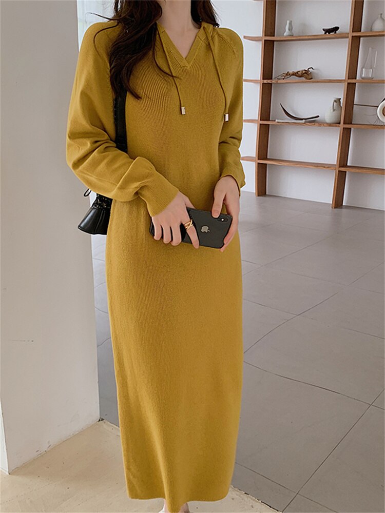 Syiwidii Elegant Winter Dress Woman 2022 Autumn Knitted Long Sleeve Office Ladies Long Dress with Hooded Korean Sweater Dress alx