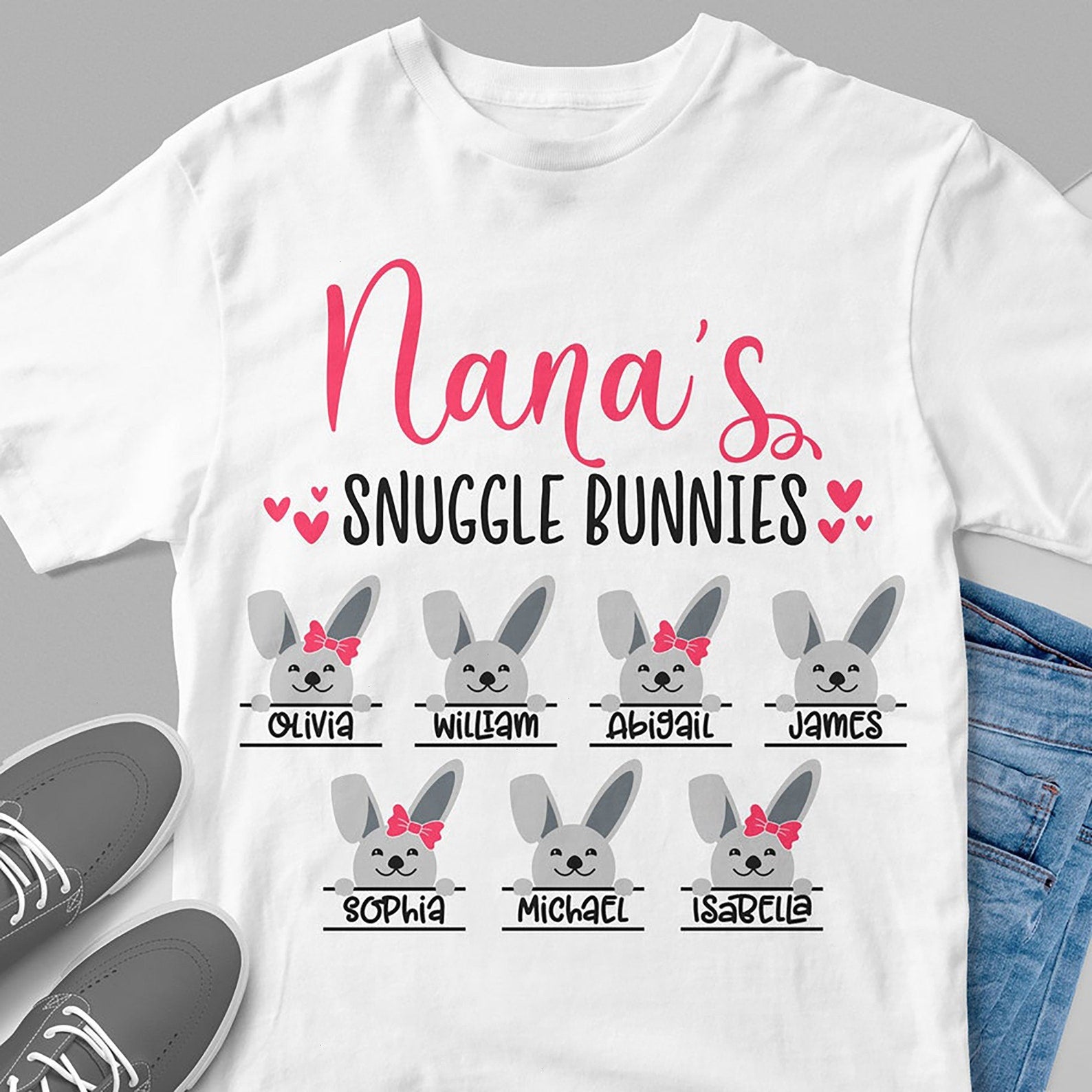 Personalized T-Shirt For Grandma Nana’S Snuggle Bunnies Cute Bunny Printed Custom Grandkids Name Easter Day Shirt