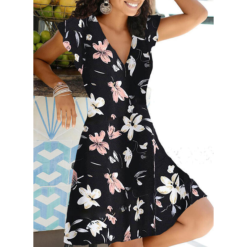 New Summer V Neck Floral Print Party Dress Women Vintage Sleeveless Tank Mini Dress Spring Loose A-Line Dress 2021 alx