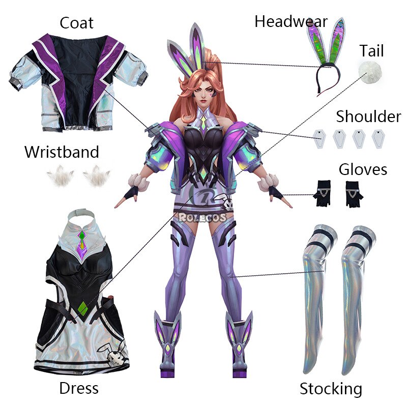 ROLECOS LOL Battle Bunny Miss Fortune Cosplay Costume LOL The Anima Squad Miss Fortune Cosplay Costume Sexy Women Dress Full Set alx