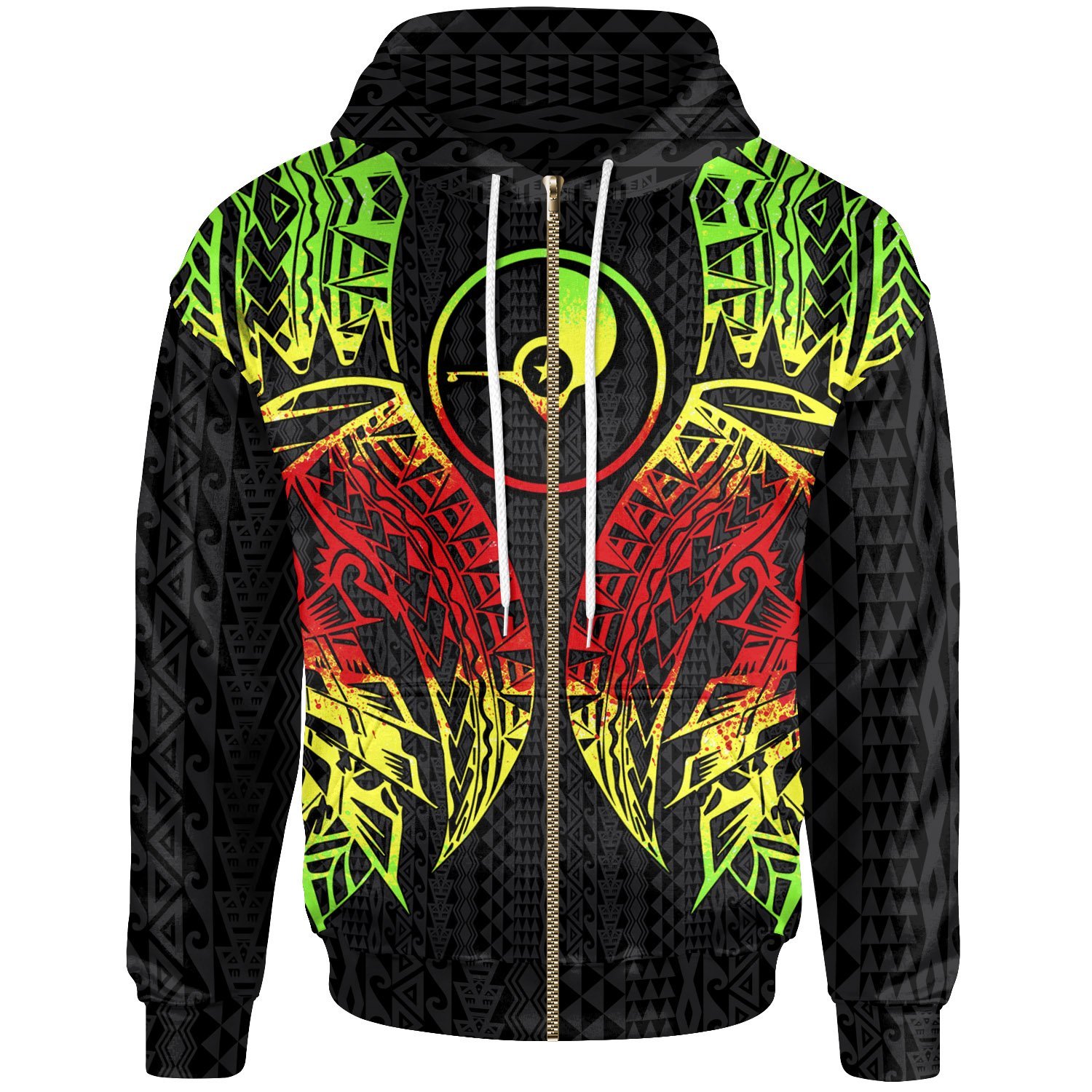 Yap Zip-Up Hoodie – Polynesian Lion Head Reggae Style – Pacific Print Hoodie