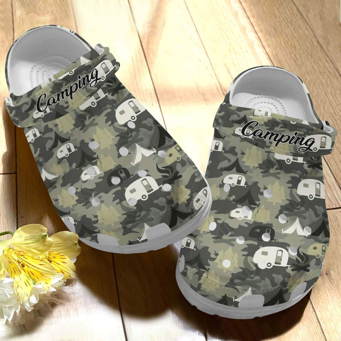 Camping Personalized Clog, Custom Name, Text Camo Camping Life, Fashion Style For Women, Men, Kid, Print 3D