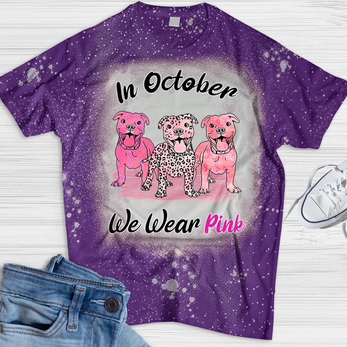 Pitbull In October We Wear Pink Blank Bleached Shirt, Pitbull Mom Breast Cancer Shirt, Dog Mom Mom Breast Cancer Awareness Shirt
