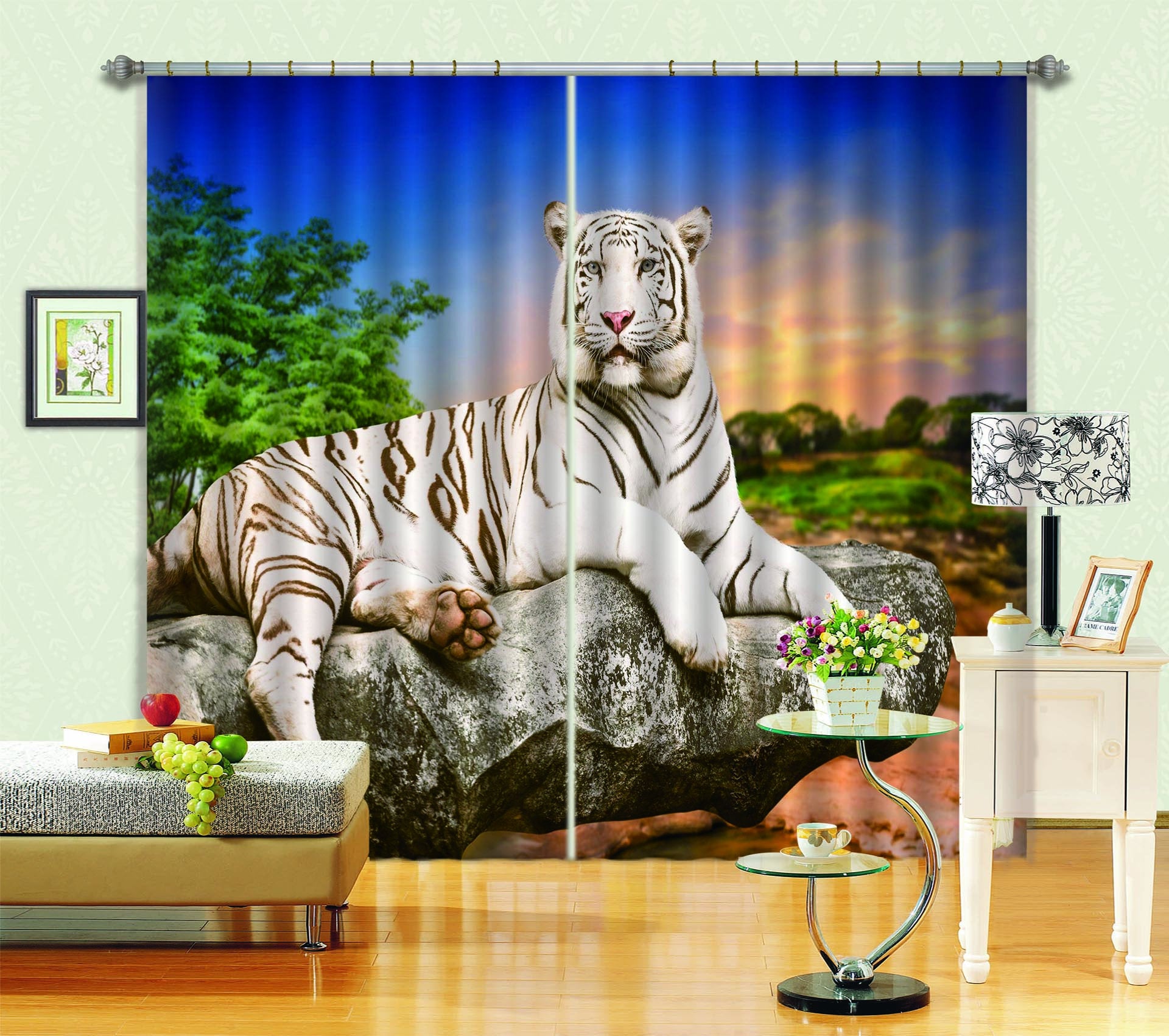 3D Tiger On The Rock C260 Blockout Photo Curtain Print Curtains Drapes Fabric Window | 3D Large Photo Curtain, Jess Art Decoration Wallpaper