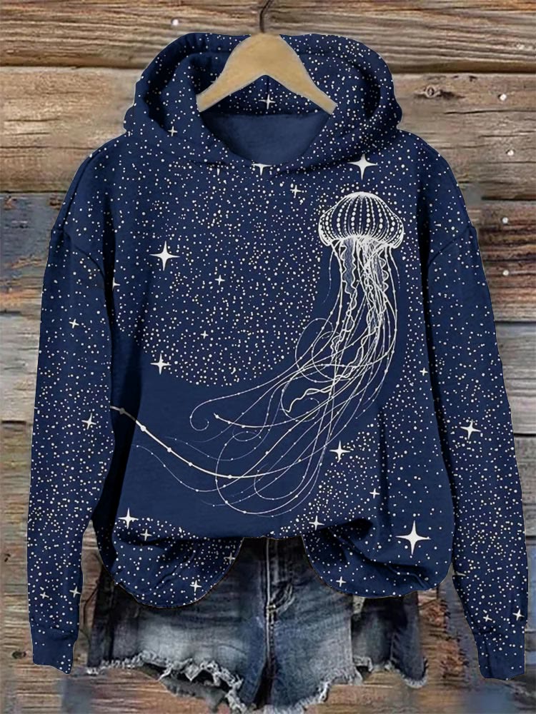 Starry Sky Jellyfish Print Long Sleeve Hoodie