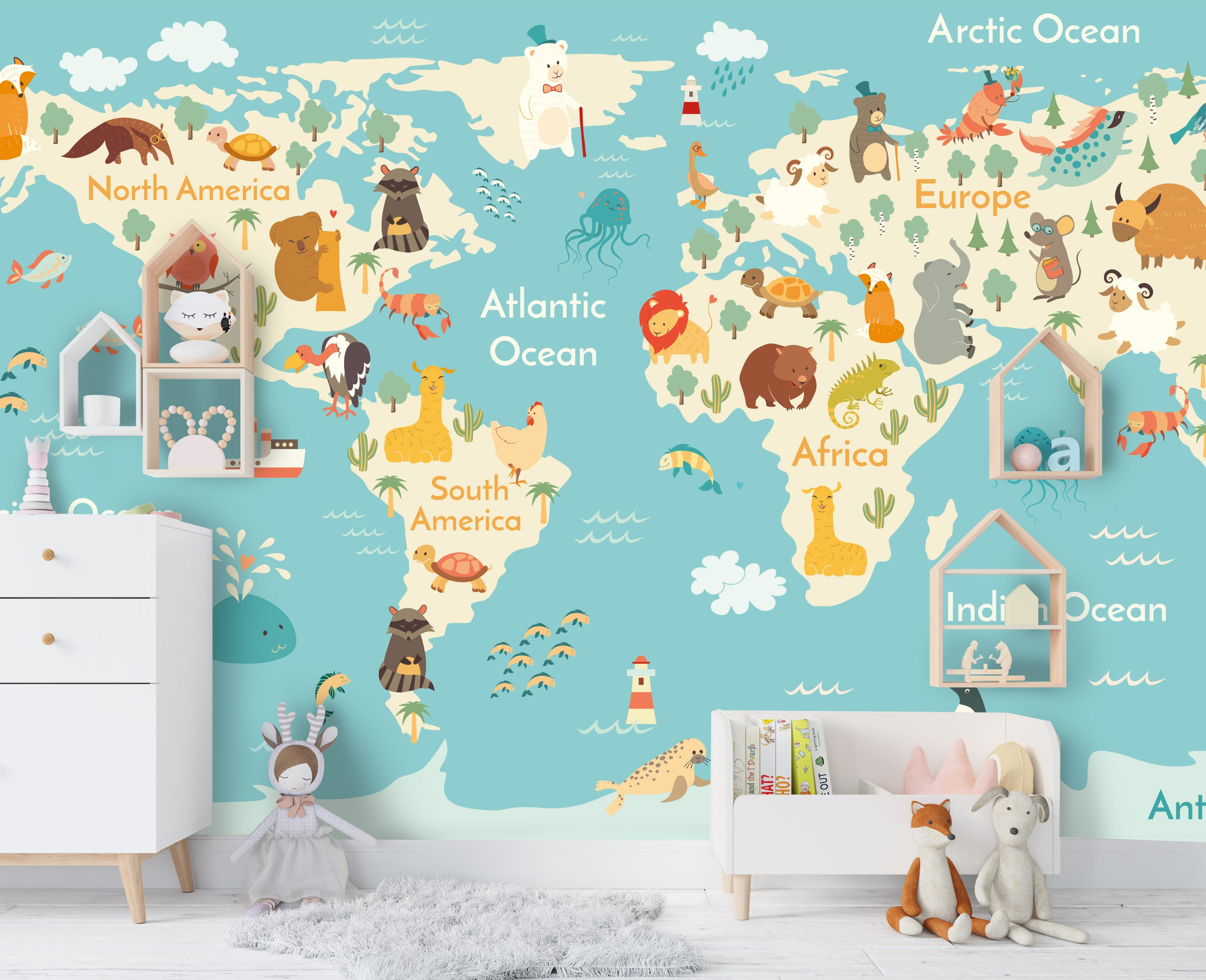 3D Blue Cartoon Animal World Map Wall Mural Wallpaper 27