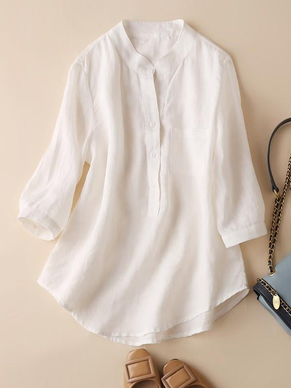 Women’S 100% Ramie Breathable Pocket Long Sleeve Blouse