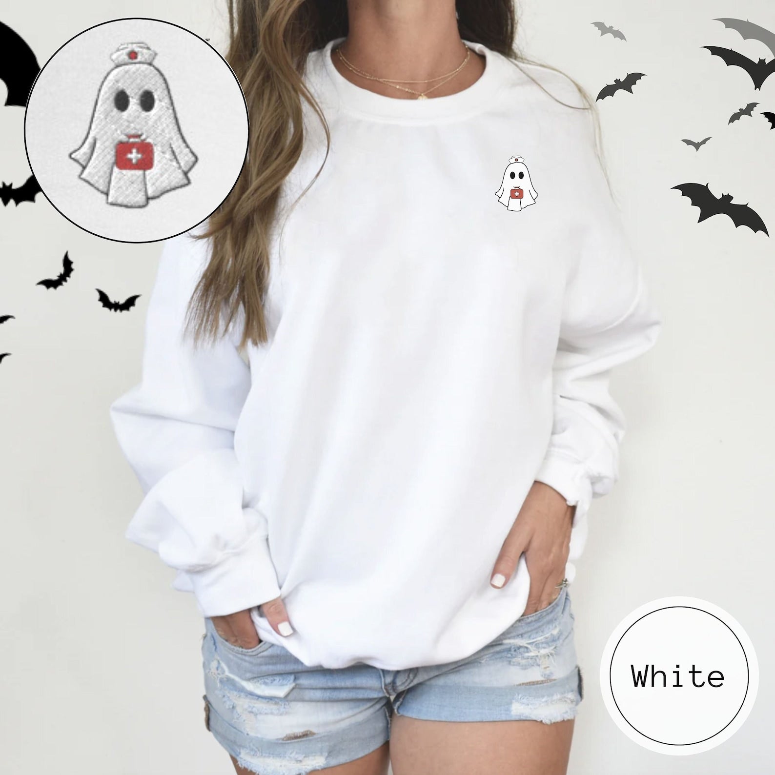 Nurse Ghost Embroidered Halloween Sweatshirt 2D Crewneck Sweatshirt All Over Print Sweatshirt For Women Sweatshirt For Men Sws3491