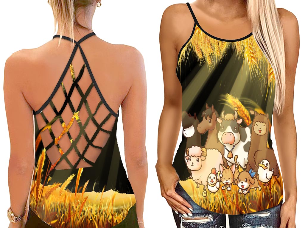 Animal Cartoon In Field Tank Top Paddy Shirt Women – Cross Open Back Camisole Tank