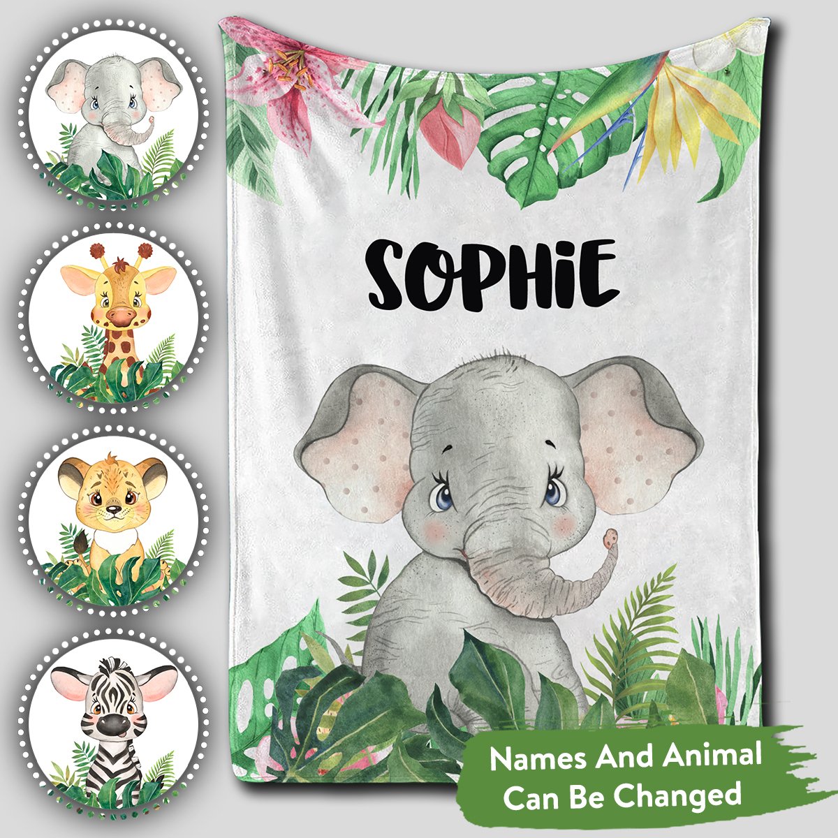 Personalized Baby Blankets With Name Elephant, Giraffe Baby Blanket White Color For Boy And Girl Baby