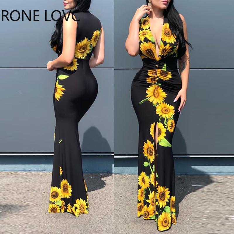 Women Deep V-Neck Plunge Sunflower Print Slit Maxi Dress Maxi Dress Elegant Fashion Chic Dress alx