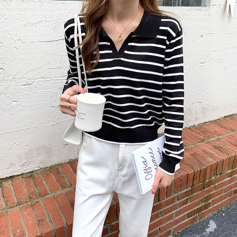 Women Long Sleeve Striped Polo Collar Sweater Female Elegant Spring Autumn Casual Tops Korean Style Thin Knitted Chic Pullovers alx