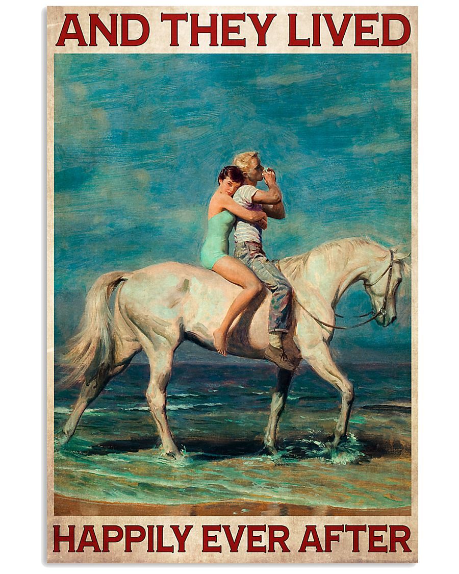 Couple ride horse on beach they lived happily ever after poster canvas