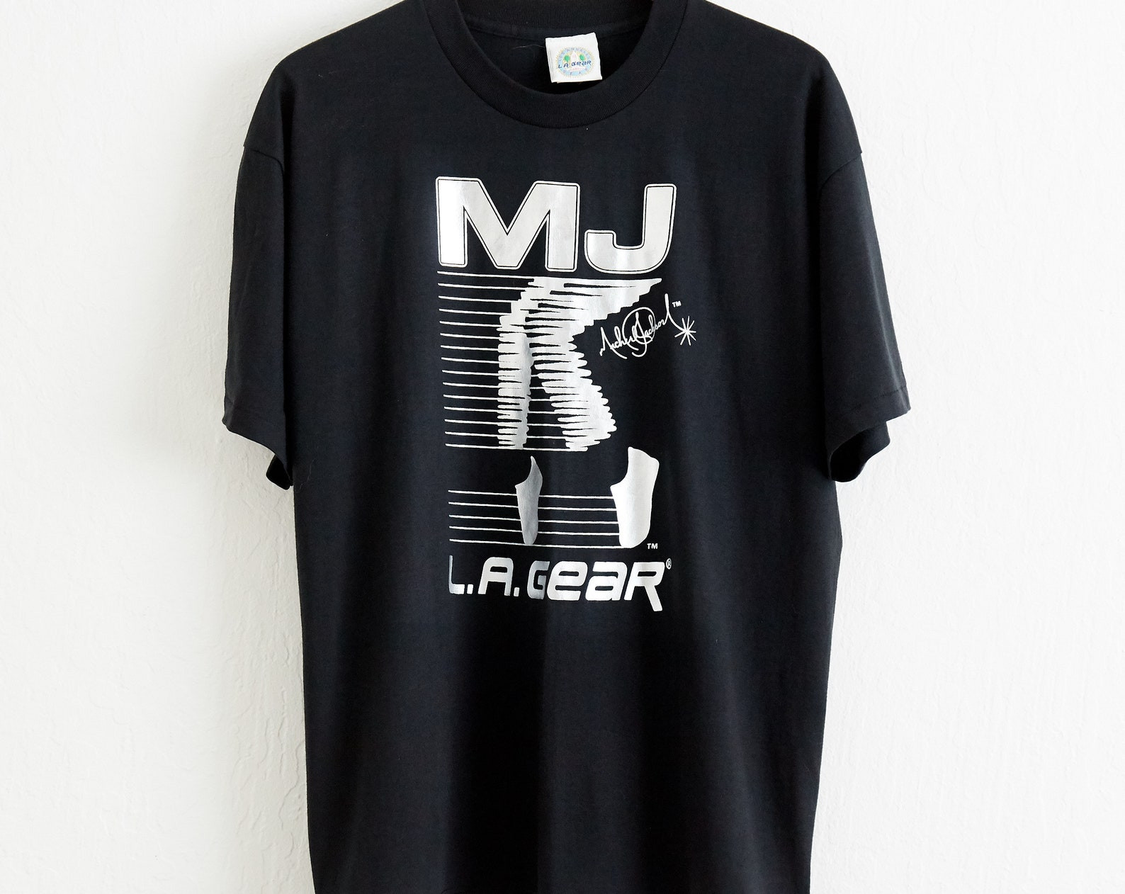 Vtg 1990 Michael Jackson La Gear T Shirt  L Deadstock Black Tee Moonwalk Bad Jackson 5 Thriller World Tour Janet