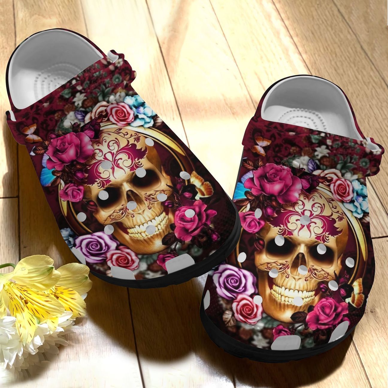 Skull Personalized Clog, Custom Name, Text, Color, Number Fashion Style For Women, Men, Kid, Print 3D Skull Flower