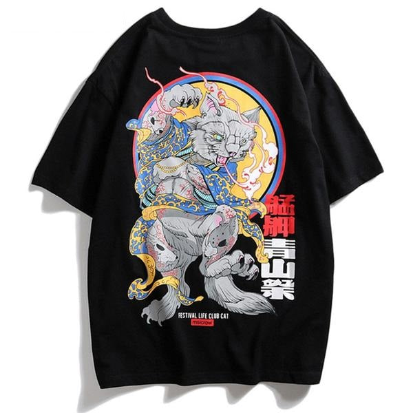 Yakuza Cat Printed Hip Hop Streetwear Loose Tees