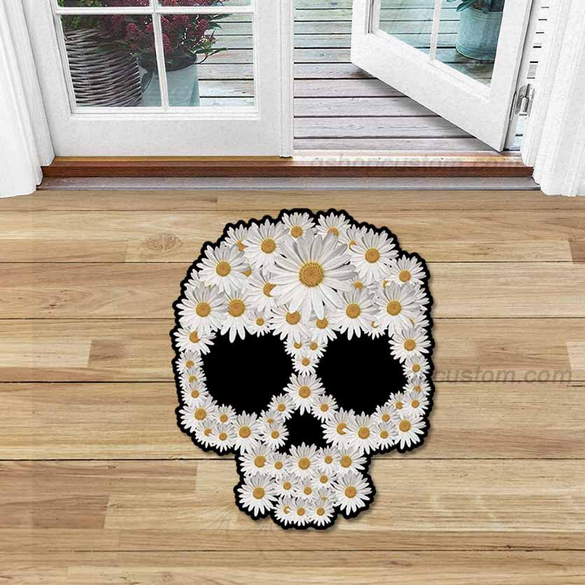 Daisy Flower Skull Tattoo Shaped Doormat Rug – Skull Flower Mothers Day 2022 Home Decor Carpet – Sdm-A0015