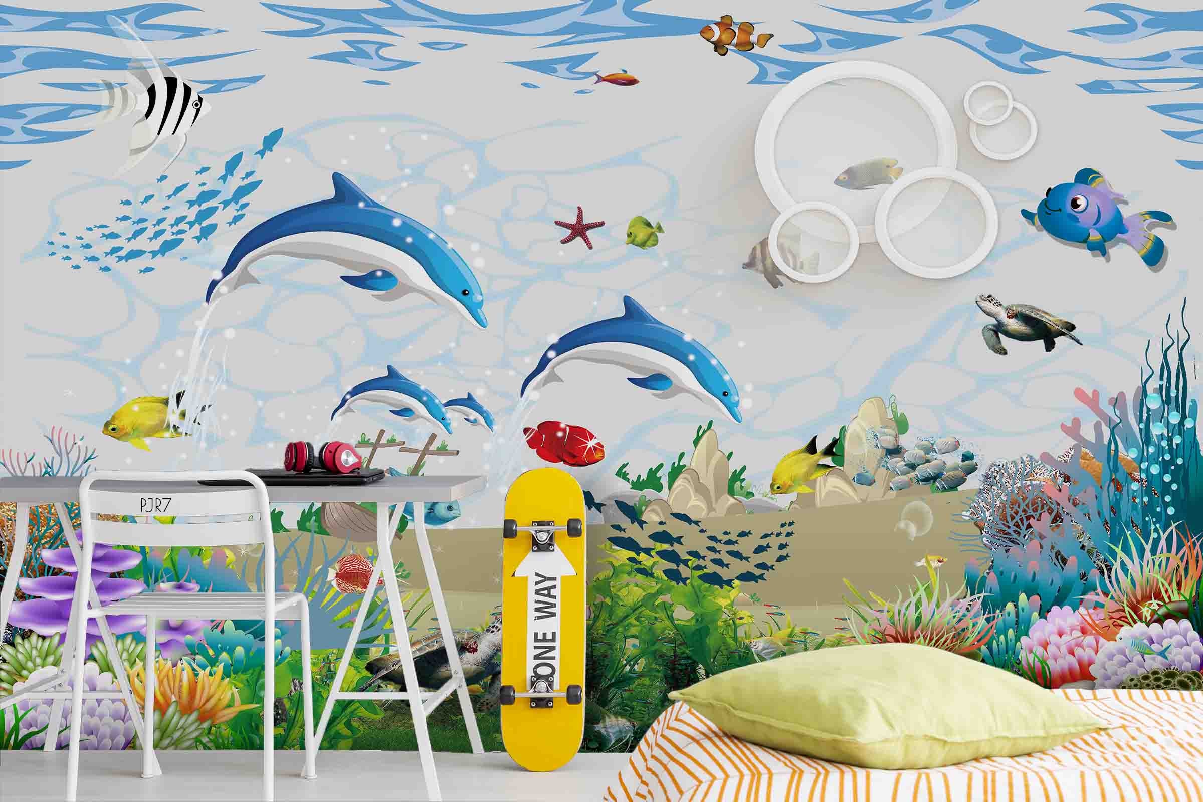 3D Cartoon Sea Fish Dolphin Pattern Wall Mural Wallpaper Wj 6691