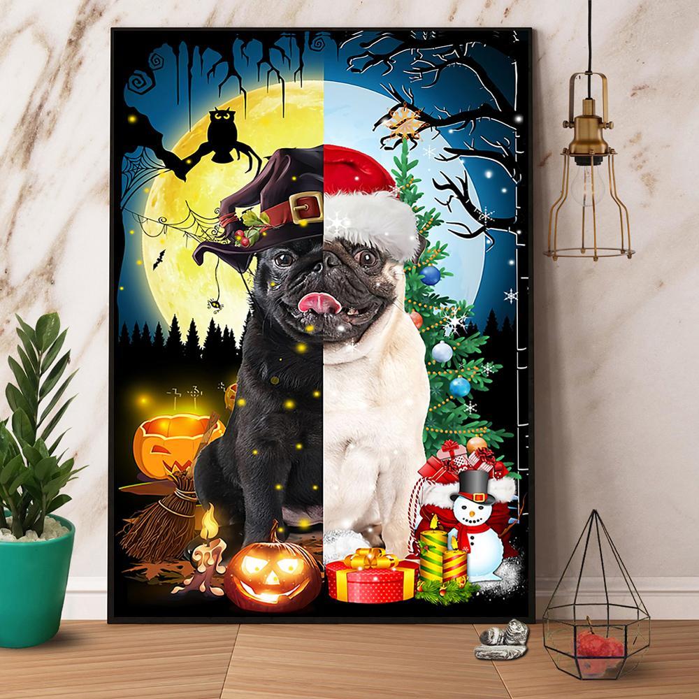 Bulldog Witch And Bulldog With Christmas Hat Halloween Gift Christmas Gift Paper Poster No Frame  Matte Canvas Wall Decor