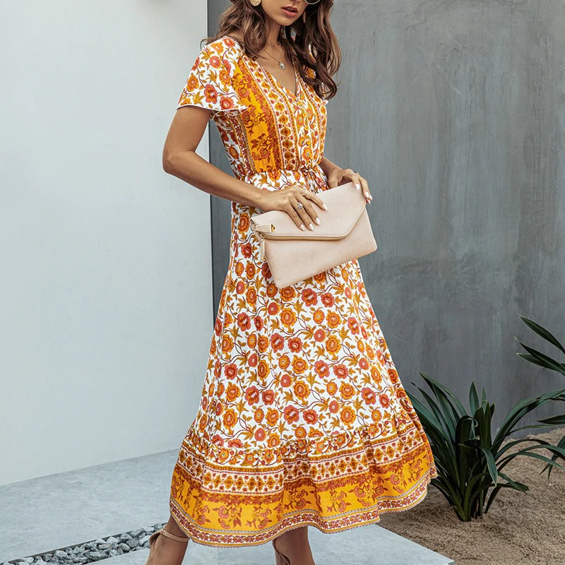 Bohemian V-Neck Floral Summer A-Line Button Ruffle Sleeve Maxi Sundress Holiday Beach Long Dress