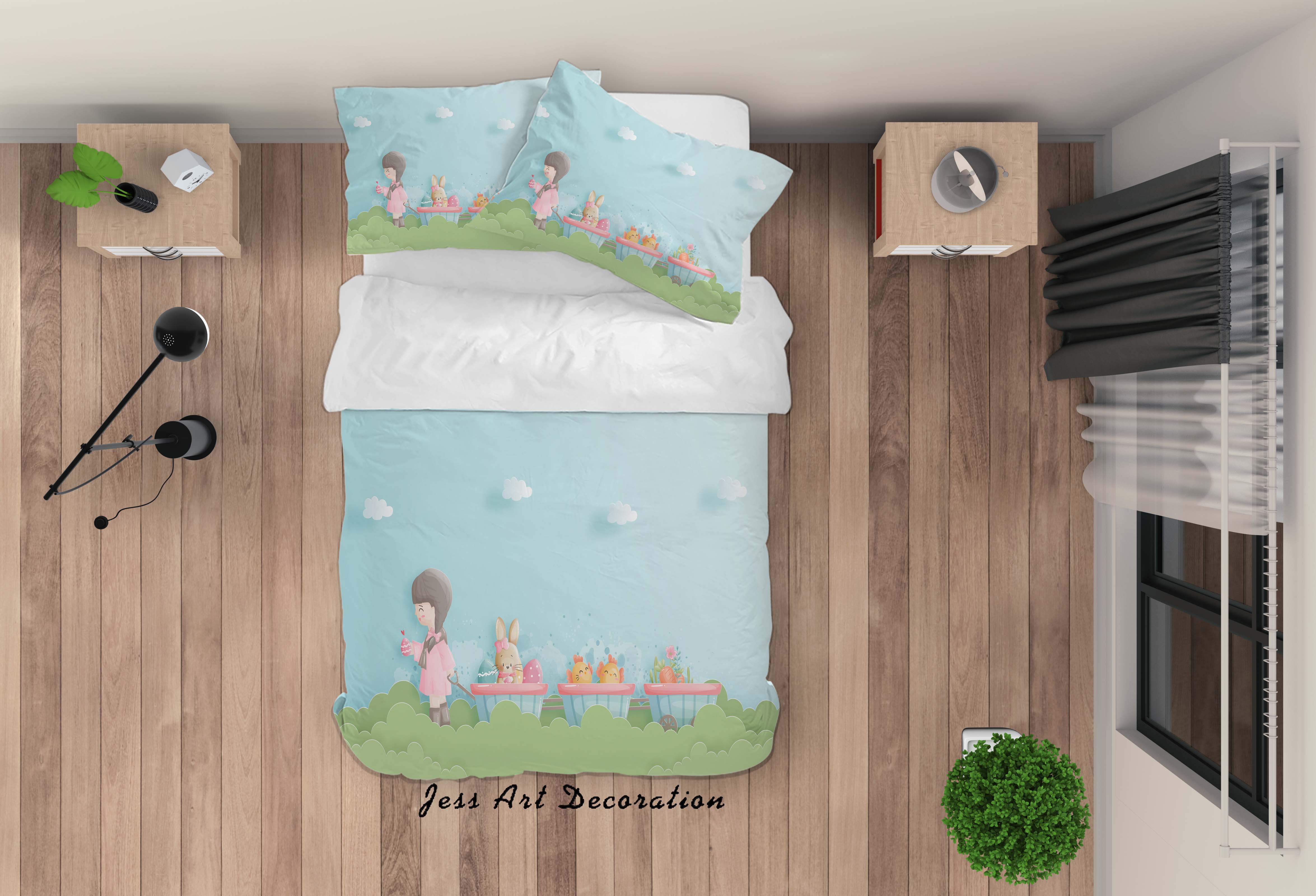 3D Blue Green Cartoon Rabbit Girl Chick Cart Quilt Cover Set Bedding Set Duvet Cover Pillowcases Sf80