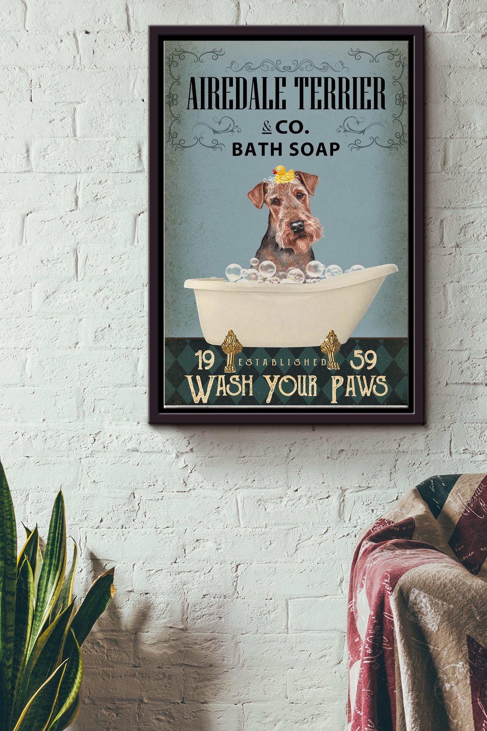 Airedale Terrier Co. Bath Soap Poster – Animal Wall Art – Gift For Bathroom Decor, Dog Lover, Dog Foster Framed Matte Canvas