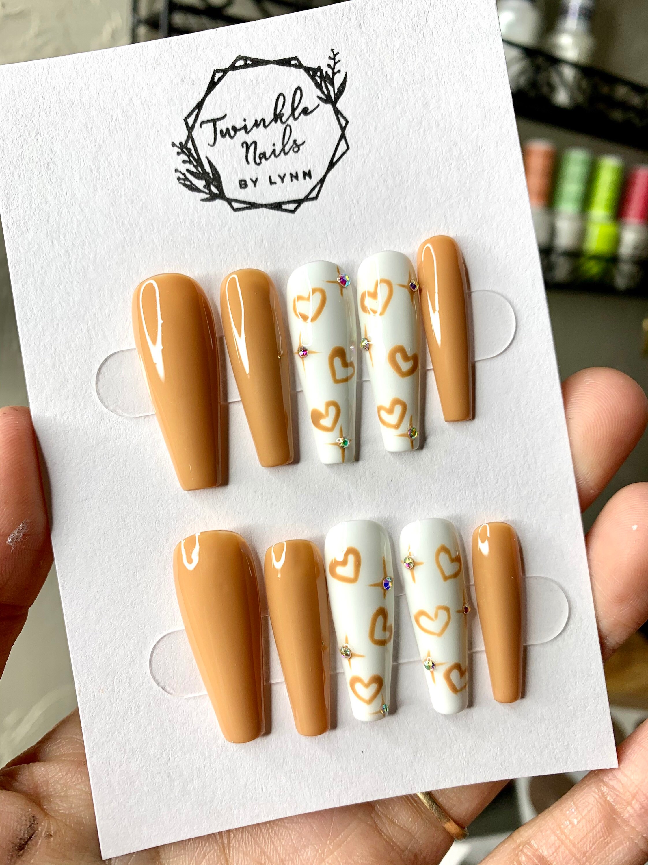 Brown nails with hearts design | Press On Nails | Fake Nails | Glue On Nails