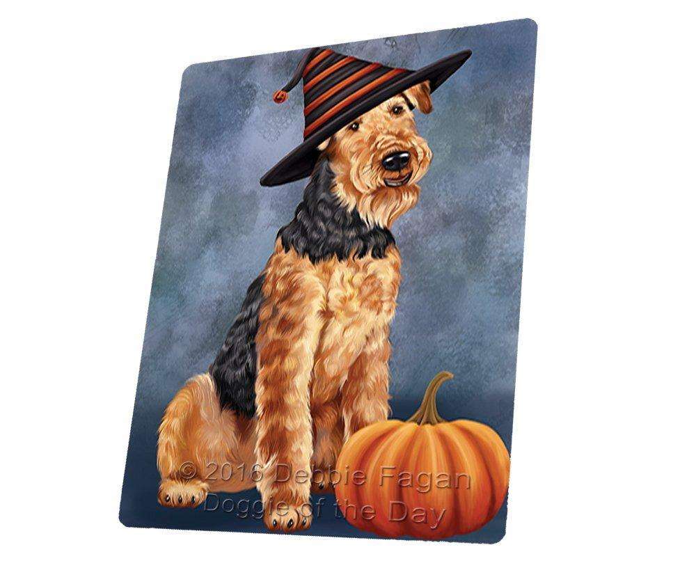 Happy Halloween Airedale Dog Wearing Witch Hat With Pumpkin Art Portrait Print Woven Throw Sherpa Plush Fleece Blanket