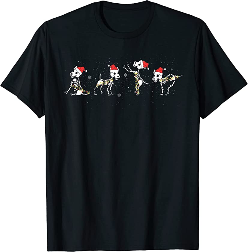 Dogs Skeleton Dancing Santa Hat Puppy Snowing Xmas Lights T-Shirt