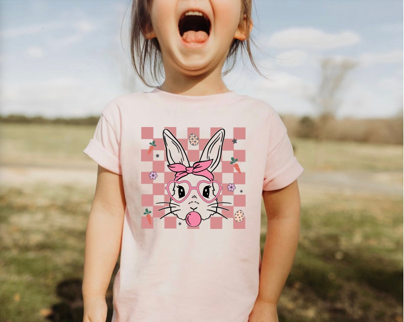 Kids Easter Shirt, Girl Easter Rabbit Shirt, Bunny Pink Checkered Toddler Retro T-Shirt, Baby Easter Outfit, cute easter bunny tee