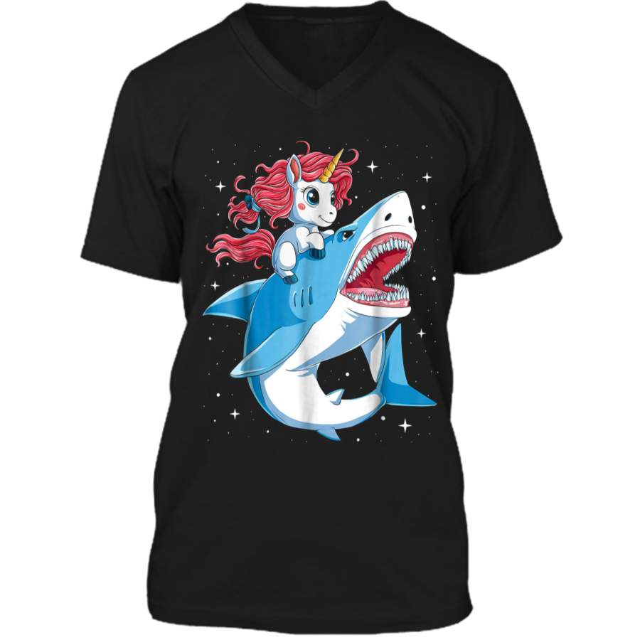 Unicorn Riding Shark Boys Kids Space Galaxy Gifts Mens Printed V-Neck T