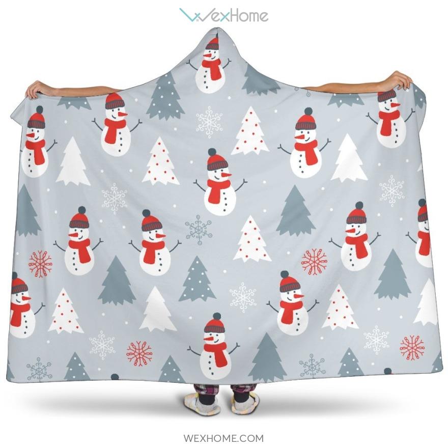 Snowman Christmas  Tree Snow Gray Background Hooded Blanket