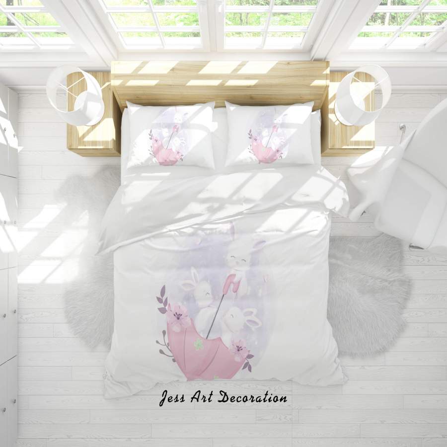 3D White Rabbit Umbrella Quilt Cover Set Bedding Set Duvet Cover Pillowcases SF09