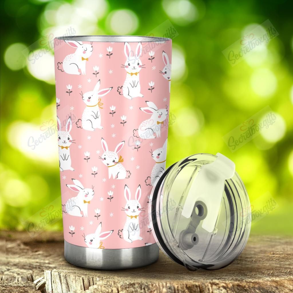 Personalized Cute White Rabbit Flower Pink Background Nc1111886Cl Stainless Steel Tumbler Customize Name, Text, Number