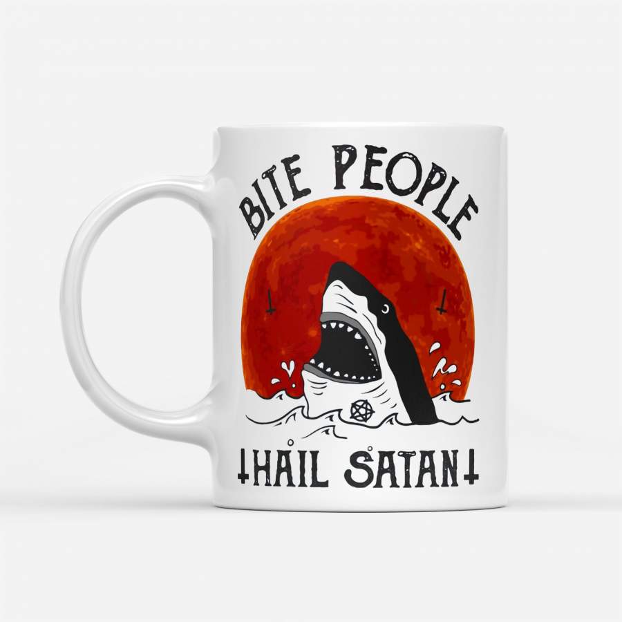 Shark Bite People Hail Satan Moonlight – White Mug