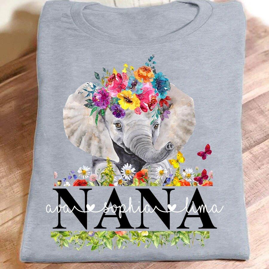 Apayprint – Nana Elephant, Grandkid’s Name | Personalized T-Shirt, Hoodie, S – 5XL, White Grey Pink Blue Black