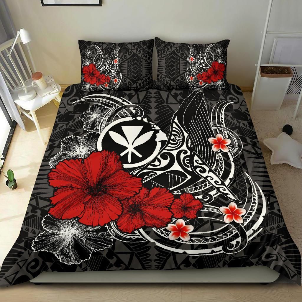 Alohawaii Bedding Set – Cover And Pillow Cases Polynesian Hawaii  Kanaka Maoli – Humpback Whale With Hibiscus (White) – Bn15