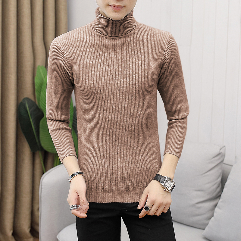 2022 New Men’s Solid Color Vertical Strip Slim Bottoming Turtleneck Sweater European and American Style Long-sleeved Sweater alx