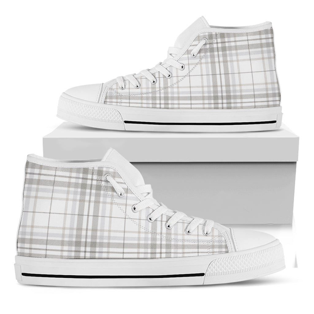 White And Grey Plaid Pattern Print White High Top Shoes