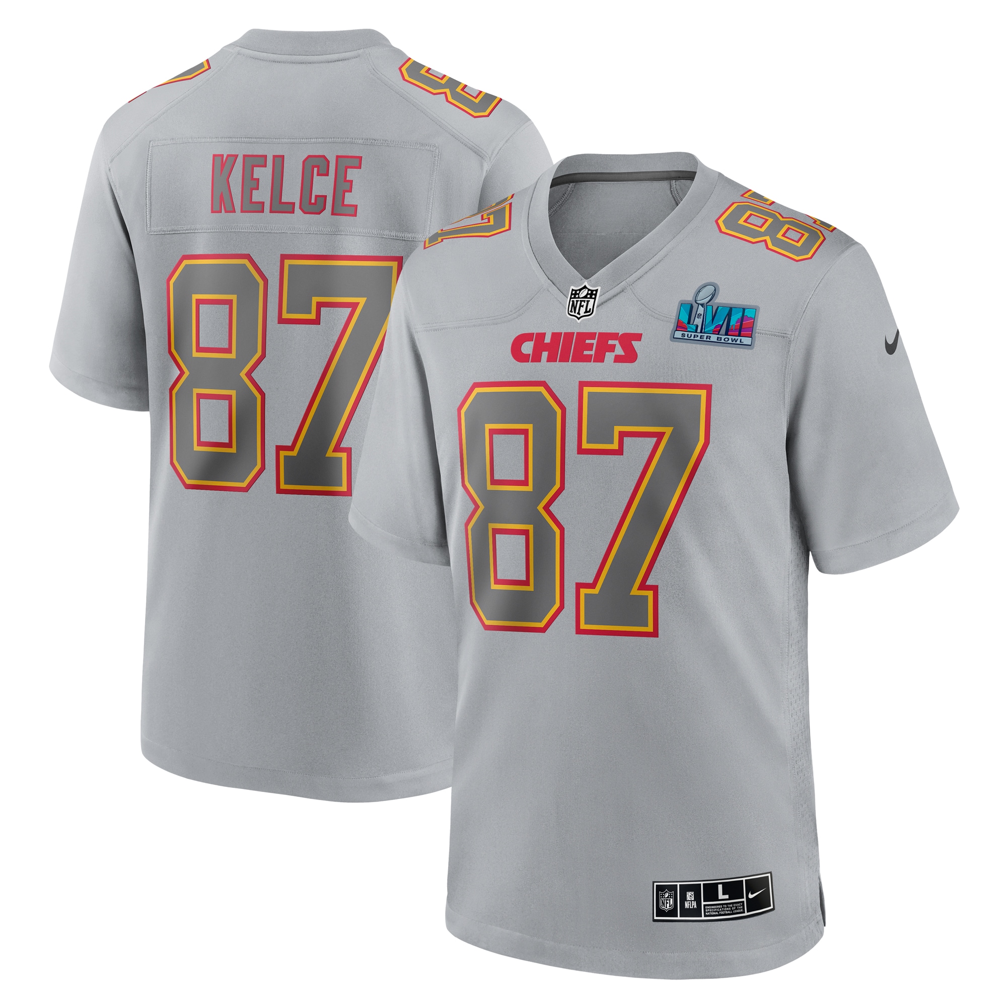 Men’s Kansas City Chiefs Travis Kelce Gray Super Bowl LVII Patch Atmosphere Fashion Game Jersey