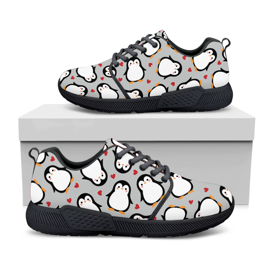 Red Heart And Penguin Pattern Print Black Athletic Shoes