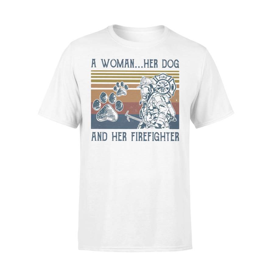 A Woman Her Paw Dog And Her Firefighter Vintage Retro T-shirt