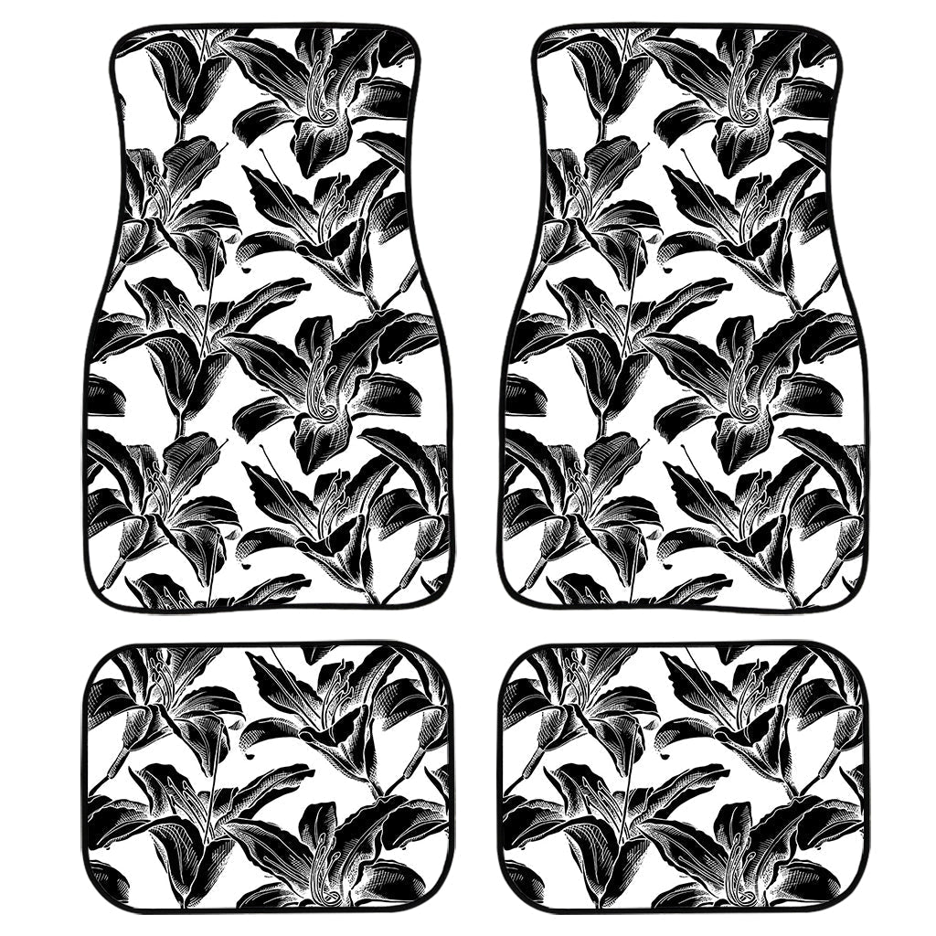 White And Black Lily Pattern Print Front And Back Car Floor Mats, Front Car Mat